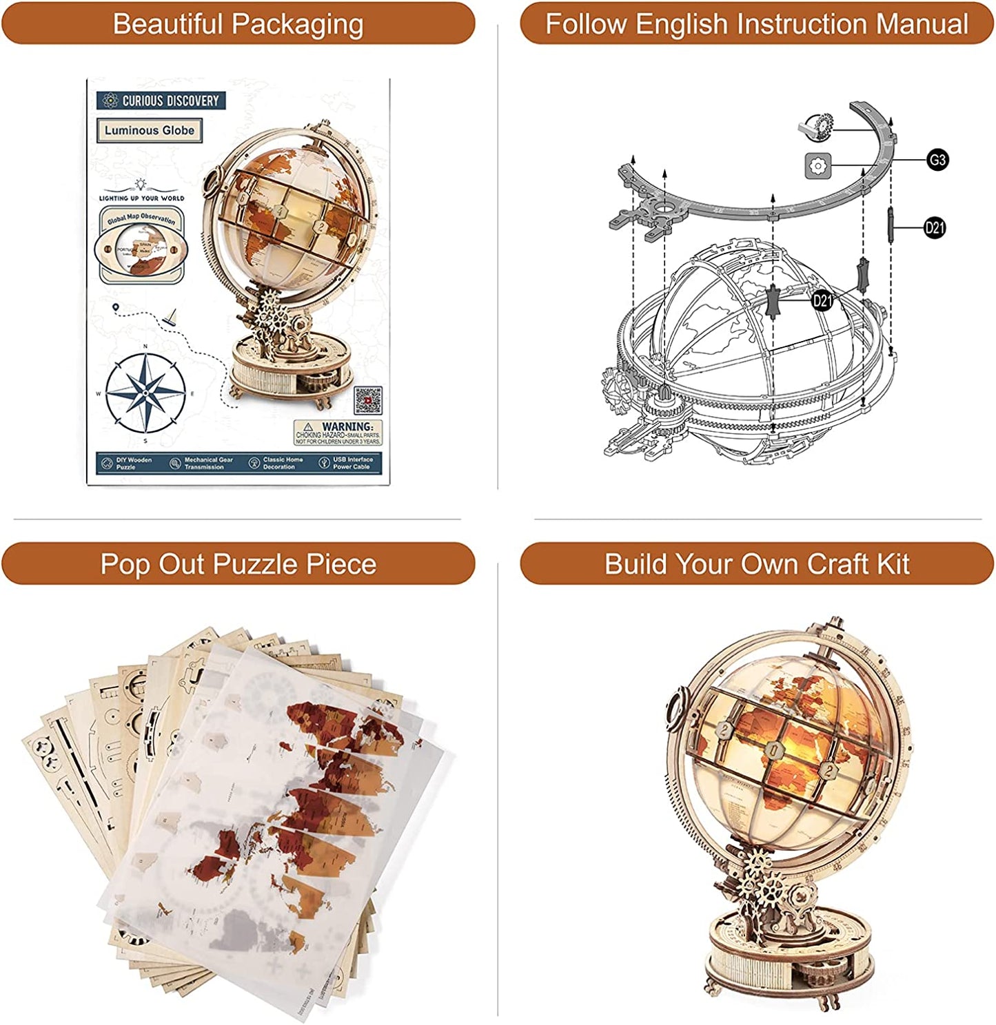 Luminous Globe 3D Wooden 180PCS Model